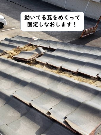 紀の川市の動いている瓦をめくって固定しなおします