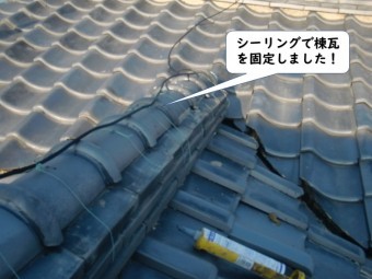 紀の川市でシーリングで棟瓦を固定
