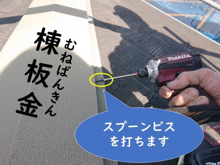 岩出市で屋根塗装を行う前に、棟板金を抑える釘が抜けてきたので釘を抜き、ビスで打ち換えました