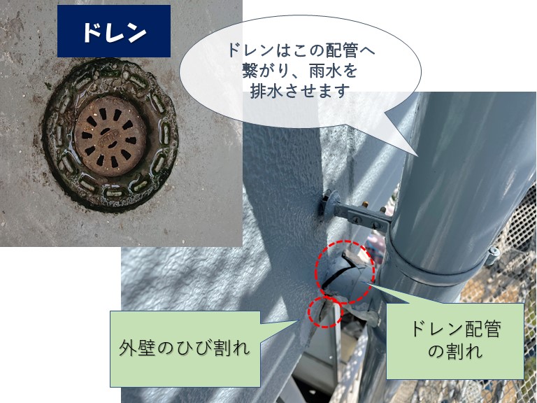 和歌山市でドレン配管が割れて、外壁もひび割れていました