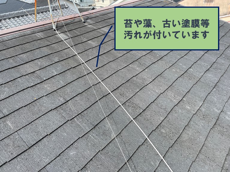 和歌山市で屋根塗装を行う前は、コケや藻がこびりついていました