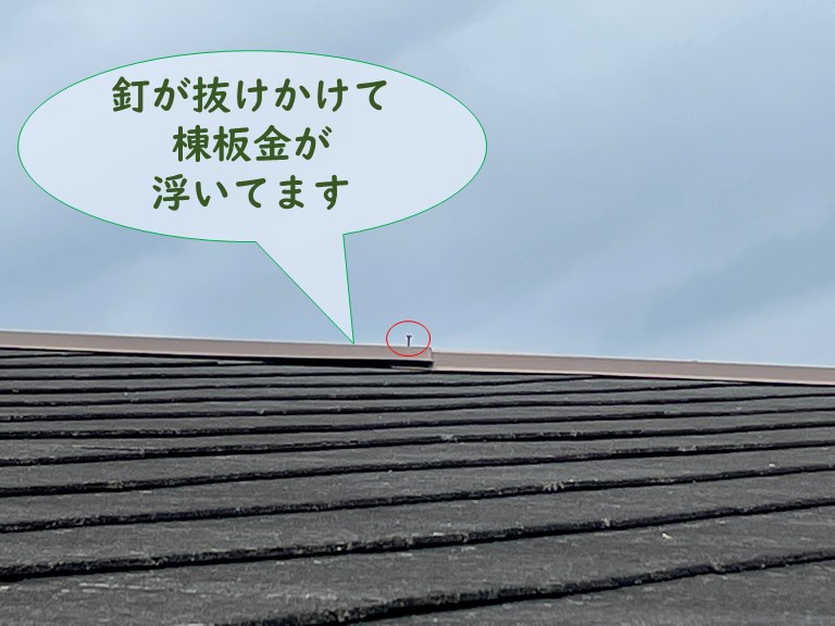 和歌山市で棟板金を固定している釘が抜けてきて、棟板金が浮いていました