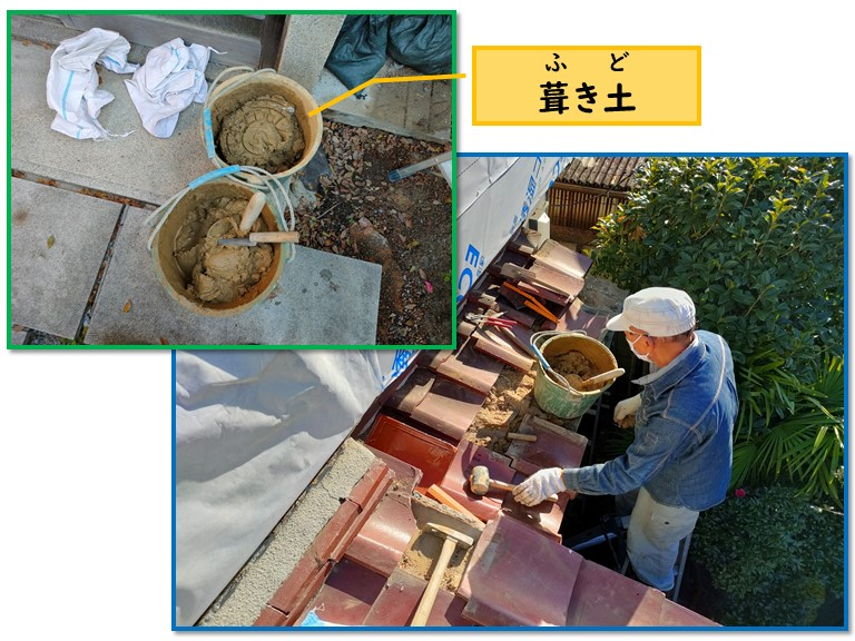 和歌山市で葺き土詰めて瓦を固定します