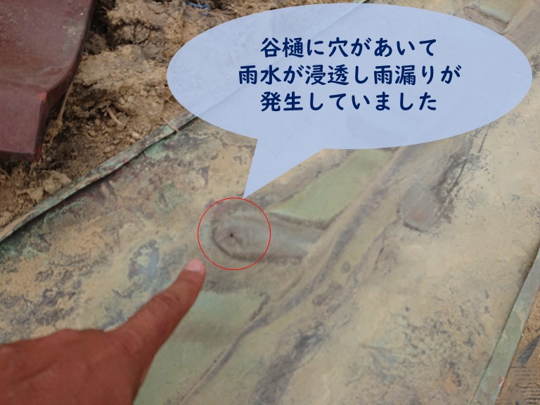 和歌山市で谷樋に穴があいたのが原因で雨漏りが発生しました