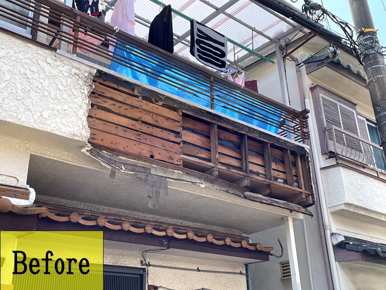 和歌山市で雨で外壁が落下し、復旧工事する前の写真