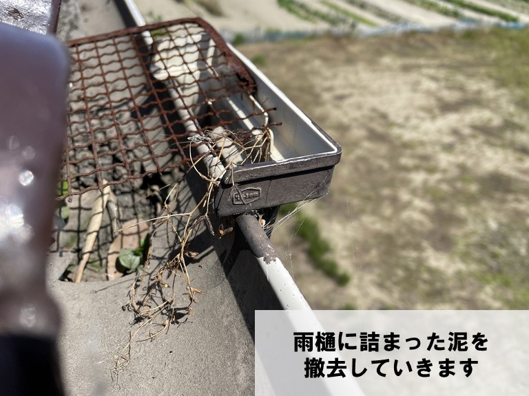 和歌山市で雨樋の落ち口に溜まった泥を撤去します