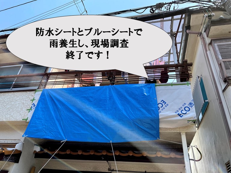 和歌山市の現場調査で落下した外壁に防水シートとブルーシートを使って雨養生しました