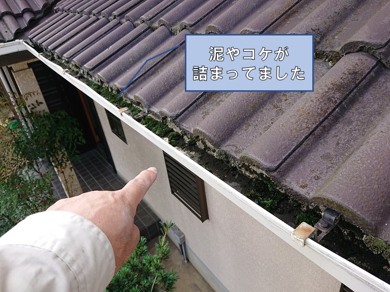 和歌山市の軒樋にコケや泥が溜まり雨水の排水ができなくなっています