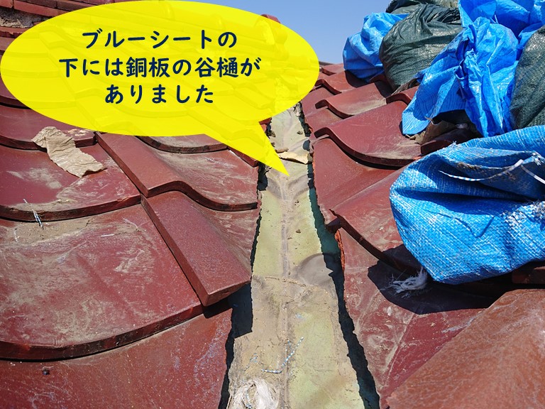 和歌山市の雨養生していた下には銅板の谷樋がありました