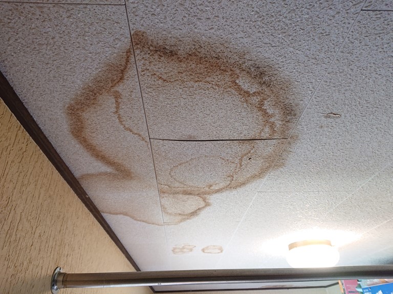 紀の川市の洋室の天井に雨漏りのシミができており剥がれそうになっています