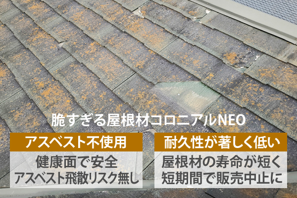 脆すぎる屋根材コロニアルNEOは、アスベスト不使用のため健康面で安全ですが、耐久性が著しく低いので短期間で販売中止に